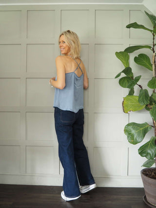 Sharyn Cross Back Camisole with Spaghetti Straps - Black, Blue, Ecru, Pink, Stone