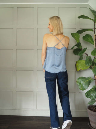 Sharyn Cross Back Camisole with Spaghetti Straps - Black, Blue, Ecru, Pink, Stone