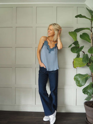 Sharyn Cross Back Camisole with Spaghetti Straps - Black, Blue, Ecru, Pink, Stone