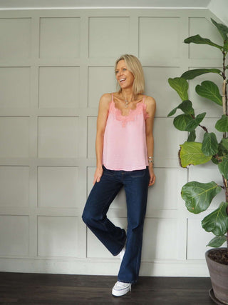 Sharyn Cross Back Camisole with Spaghetti Straps - Black, Blue, Ecru, Pink, Stone