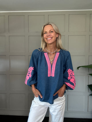 Formentera Denim Blouse with Pink Embroidery - Denim/Pink