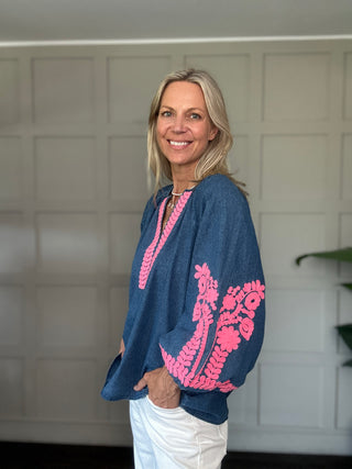 Formentera Denim Blouse with Pink Embroidery - Denim/Pink