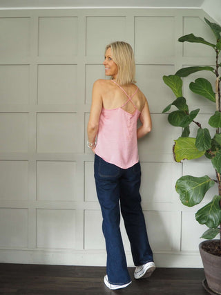 Sharyn Cross Back Camisole with Spaghetti Straps - Black, Blue, Ecru, Pink, Stone