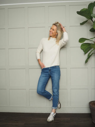 Blanaid Turtle Neck Jumper with Ribbing - Cobalt, Coral and Ecru