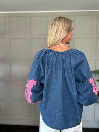 Formentera Denim Blouse with Pink Embroidery - Denim/Pink
