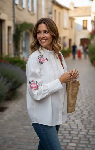 Farlton Blouse with Embroidered Flowers  - White/Green/Pink