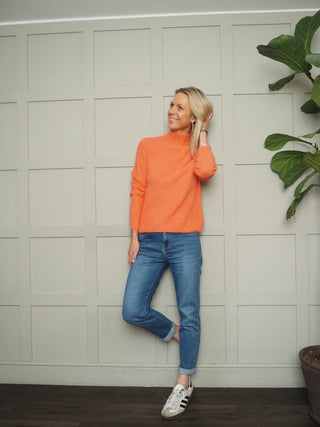 Blanaid Turtle Neck Jumper with Ribbing - Cobalt, Coral and Ecru