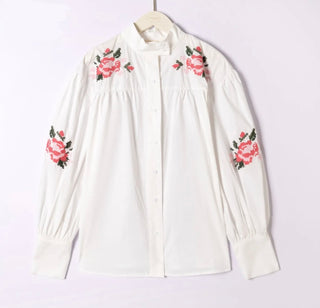 Farlton Blouse with Embroidered Flowers  - White/Green/Pink