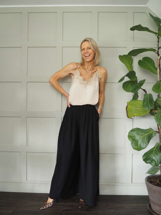 Sharyn Cross Back Camisole with Spaghetti Straps - Black, Blue, Ecru, Pink, Stone