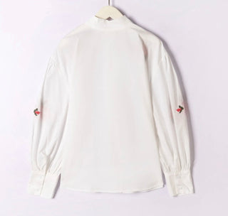 Farlton Blouse with Embroidered Flowers  - White/Green/Pink