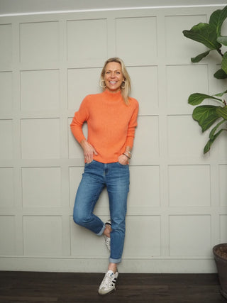 Blanaid Turtle Neck Jumper with Ribbing - Cobalt, Coral and Ecru