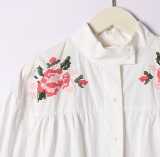 Farlton Blouse with Embroidered Flowers  - White/Green/Pink