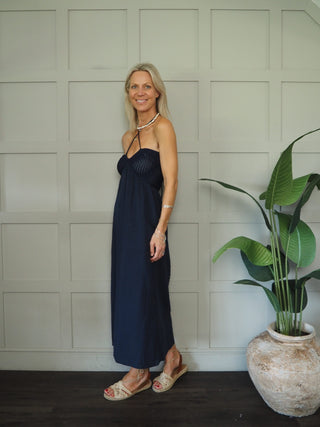 Trisha Cheesecloth Sundress with Crochet Bodice - Navy Blue, Off White - PETITE