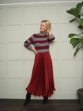 Anastasia Stripe Jumper Dress with Turtle Neck - Burgundy/Stone, Grey/Burgundy
