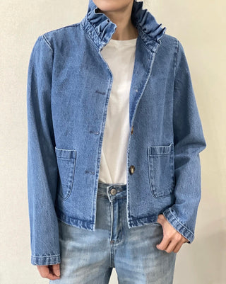 Rae Denim Jacket with Pleated Collar - Denim Blue