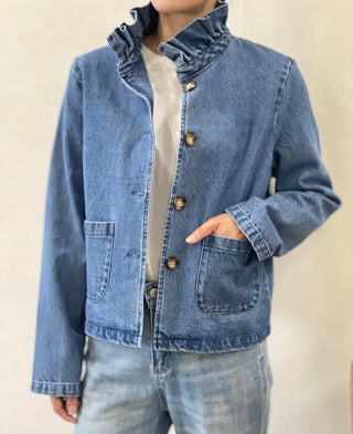 Rae Denim Jacket with Pleated Collar - Denim Blue