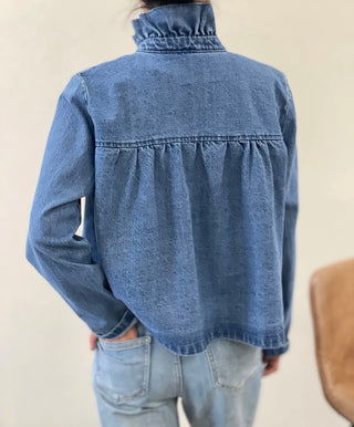 Rae Denim Jacket with Pleated Collar - Denim Blue