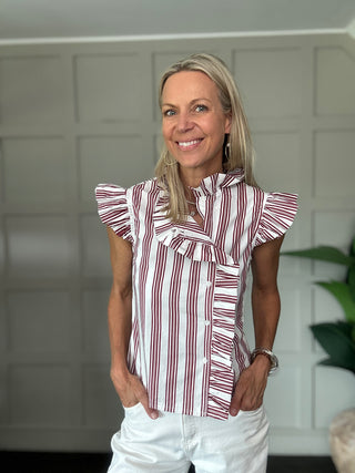 Lulu Short Sleeve Blouse with Ruffle Details  - Burgundy/White