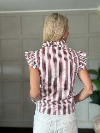 Lulu Short Sleeve Blouse with Ruffle Details  - Burgundy/White