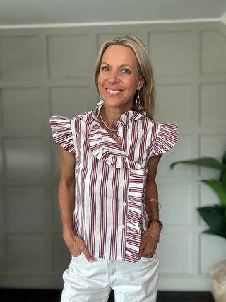 Lulu Short Sleeve Blouse with Ruffle Details  - Burgundy/White