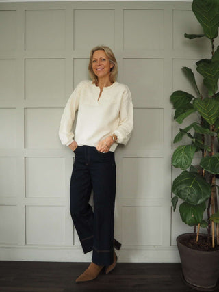 Flissy Jumper with Embroidered Flower Detail - Ecru