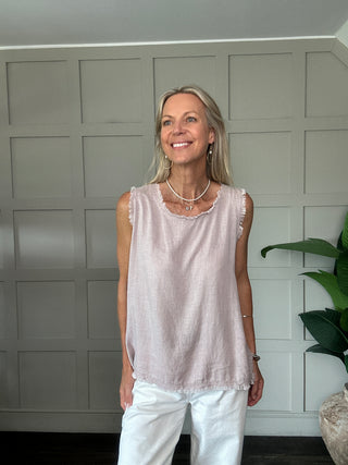 Thorley Linen Mix T Shirt with Frayed Edging - Black, Dusky Pink