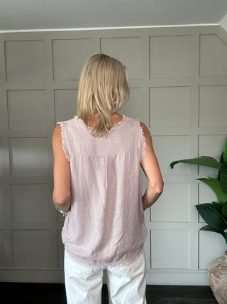 Thorley Linen Mix T Shirt with Frayed Edging - Black, Dusky Pink