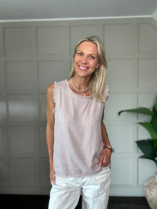 Thorley Linen Mix T Shirt with Frayed Edging - Black, Dusky Pink
