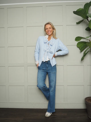 Glossie Super Soft Cardigan with Striped Bow Detail - Baby Blue and Off White