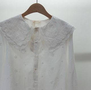 Erin Blouse with Embroidery Detail and Peter Pan Collar  - Off White