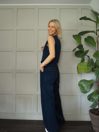 Alix Lined Tailored Waistcoat by Frnch - Fine Cord in Marine Blue and Linen Mix in Beige and Blue