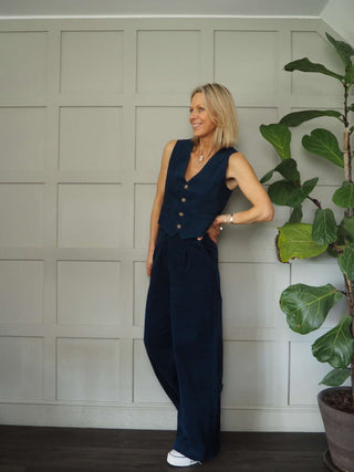 Alix Lined Tailored Waistcoat by Frnch - Fine Cord in Marine Blue and Linen Mix in Beige and Blue