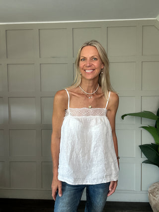 Ali Linen Camisole with Lace Detail and Shoestring Straps - Blue, Pink, White