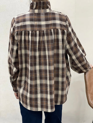 Peter Check Blouse with Pleated Collar - Chocolate
