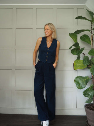 Philo Wide Leg Trousers by Frnch - Fine Cord in Marine Blue, Khaki and Linen Mix in Beige, Blue