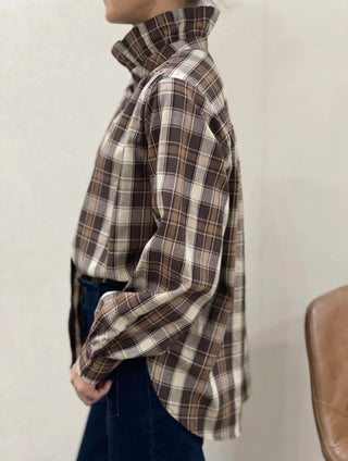Peter Check Blouse with Pleated Collar - Chocolate