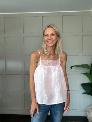 Ali Linen Camisole with Lace Detail and Shoestring Straps - Blue, Pink, White