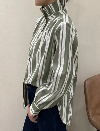 Serene Striped Blouse with Pleated Collar - Green