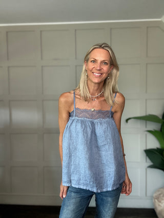 Ali Linen Camisole with Lace Detail and Shoestring Straps - Blue, Pink, White