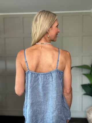 Ali Linen Camisole with Lace Detail and Shoestring Straps - Blue, Pink, White