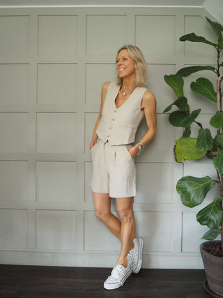 Coraline Linen Mix Shorts - Beige and Blue