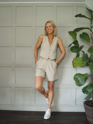 Coraline Linen Mix Shorts - Beige and Blue