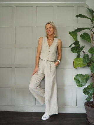 Alix Lined Tailored Waistcoat by Frnch - Fine Cord in Marine Blue and Linen Mix in Beige and Blue