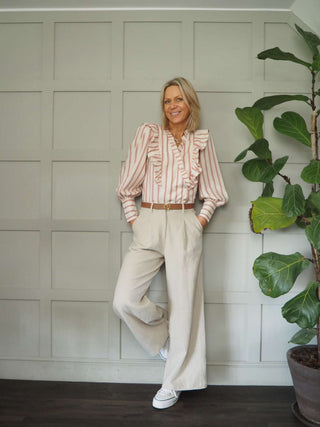 Philo Wide Leg Trousers by Frnch - Fine Cord in Marine Blue, Khaki and Linen Mix in Beige, Blue