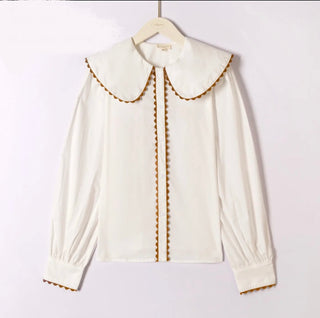 Evan Blouse with Peter Pan Collar with Rick Rack Detail - Chocolate, White