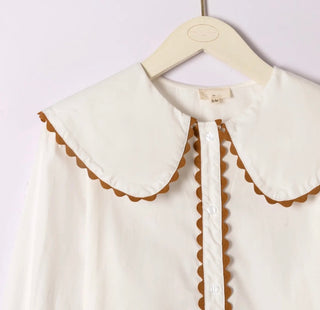 Evan Blouse with Peter Pan Collar with Rick Rack Detail - Chocolate, White