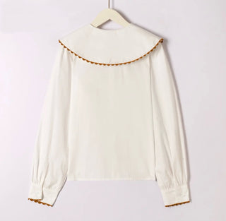 Evan Blouse with Peter Pan Collar with Rick Rack Detail - Chocolate, White