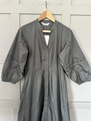 Basil Midi, 3/4 Length Sleeve Cotton Dress with Front Button Fastenings &amp; Pockets by Moss Copenhagen - Khaki