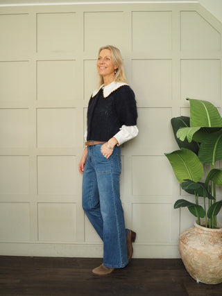 Vernona Chunky Knit Cardigan with Short Sleeves by Part Two - Navy Blue