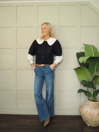 Vernona Chunky Knit Cardigan with Short Sleeves by Part Two - Navy Blue